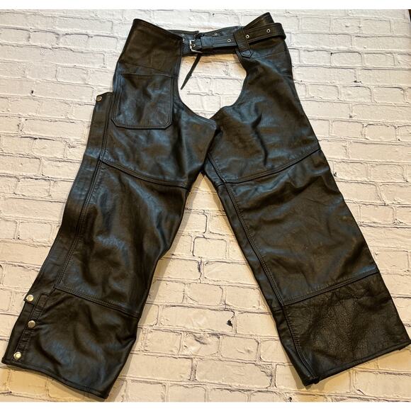 LeatherChaps, Bikers Apparel Black Leather Belted, Heavy 38-42” - Picture 1 of 10
